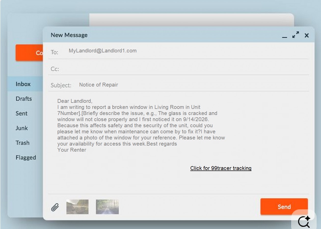 Example email being prepared for 99Tracer tracking